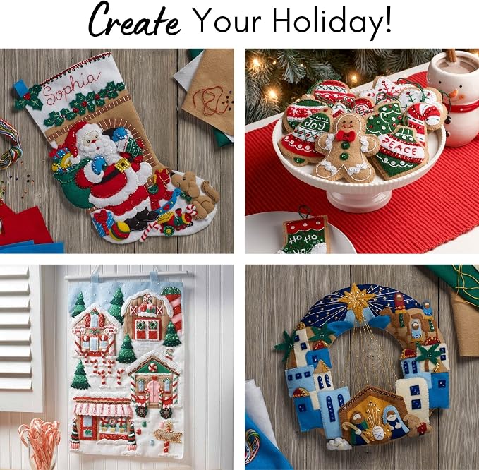 Bucilla Felt Applique 6 Piece Ornament Making Kit, Santa's Tree Treasures, Perfect for DIY Arts and Crafts, 89489E