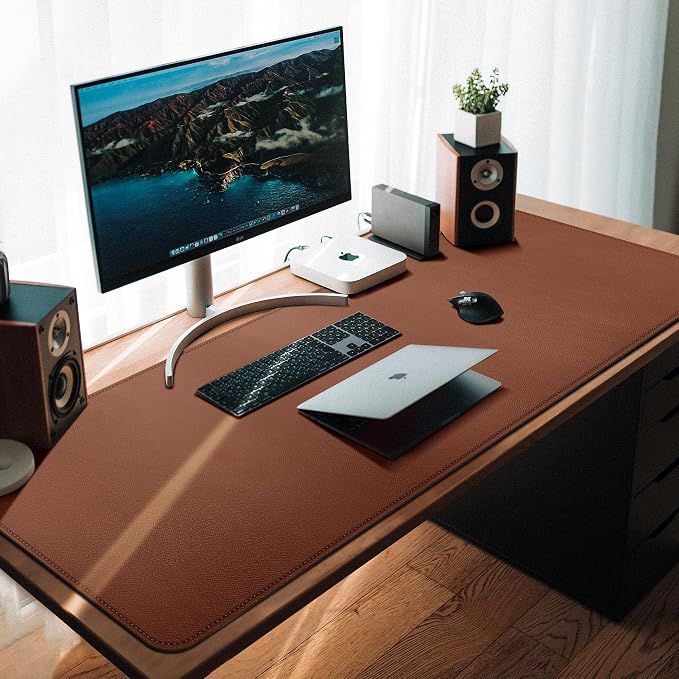 CENNBIE 59"x27.5" Leather Desk Mat Protector, Large Desk Pad XXL (Brown) | Premium Stitched Edges Resist Wear. Waterproof, Non-Slip & Easy To Clean. Protects Desk From Scratches. For Office & Home.