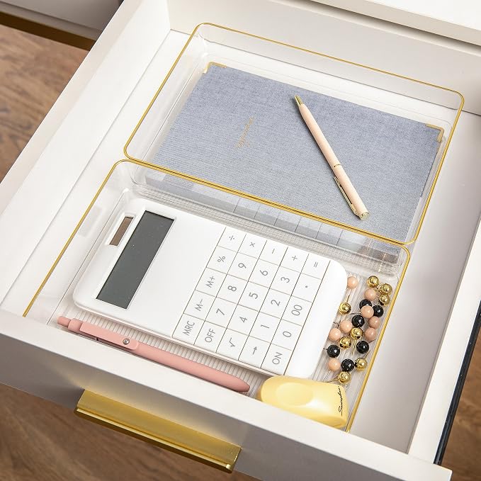 Martha Stewart Kerry Stackable Desk Drawer Organizers, Clear/Gold, 3-Pack | 9x6 in Organizers, Gold Trim, Stackable
