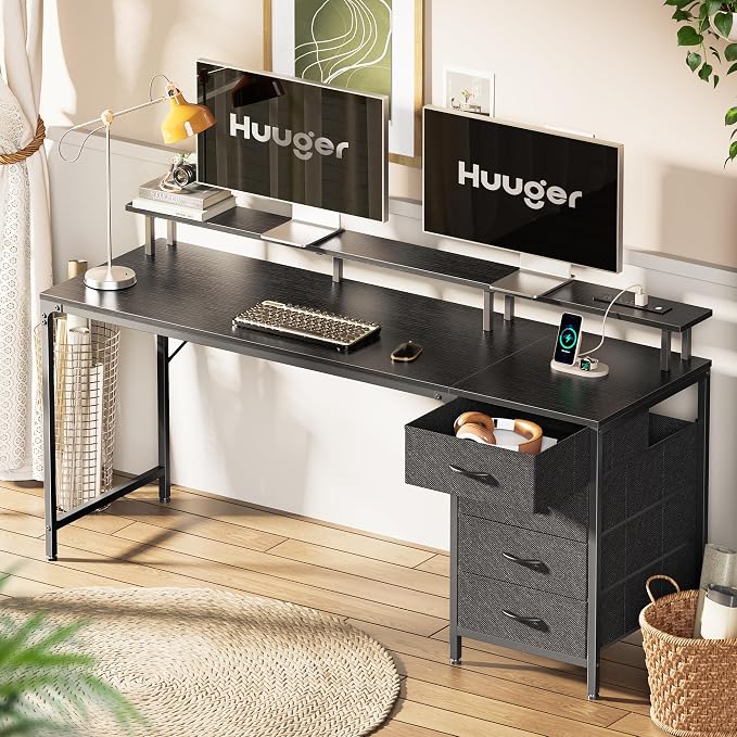 Huuger 63 Inch Computer Desk with Power Outlets and LED Lights, Gaming Desk with 4 Drawers, Office Desk with Monitor Stand, Study Desk Work Desk for Home Office, Black