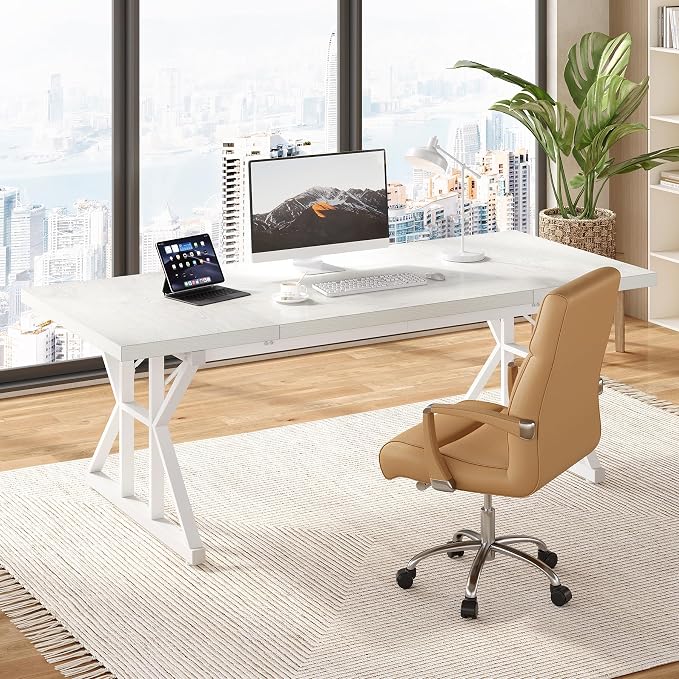 LITTLE TREE 70.8-Inch Large Executive Desk, Extra Long Computer Office Desk Workstation, Modern Simple Style Laptop Table, Sturdy Wooden Writing Workstation for Home White