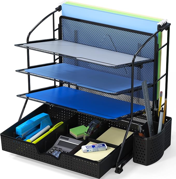 Simple Houseware Desktop Document Tray Organizer with Sliding Drawer, Black | Includes Pen Bucket & Hanging File Section