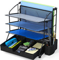 Simple Houseware Desktop Document Tray Organizer with Sliding Drawer, Black | Includes Pen Bucket & Hanging File Section