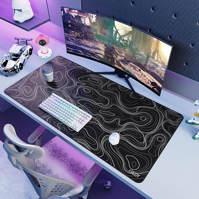 Cacoy 48" x 24" Black Topographic Gaming Mouse Pad, Non-Slip Large Desk Mat | Contour Line Extended Desktop Mat with Stitched Edges Textured Surface Keyboard Mouse Mat Optimized for Gamer Computer Laptop