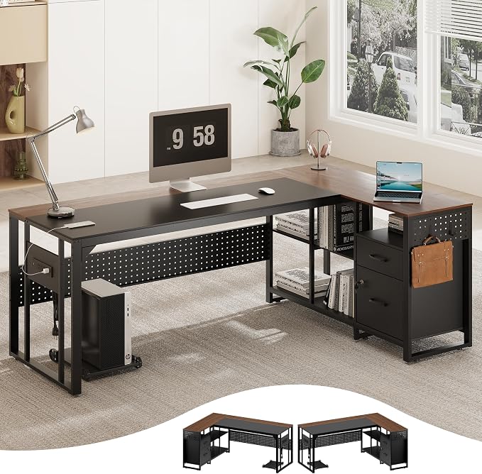 MALOL 70.3" Reversible L-Shaped Office Desk with Power Outlet Computer Desk | Large Executive Desk with Locked File Drawers & Storage Shelves, Pegboard, Mobile CPU Stand, Modern Corner Desk, Walnut