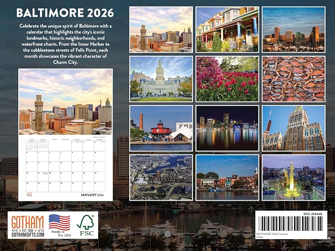 Baltimore Calendar 2026 Wall 12 Month Monthly MD Scenic Souvenirs Themed Gifts | American Made In The USA