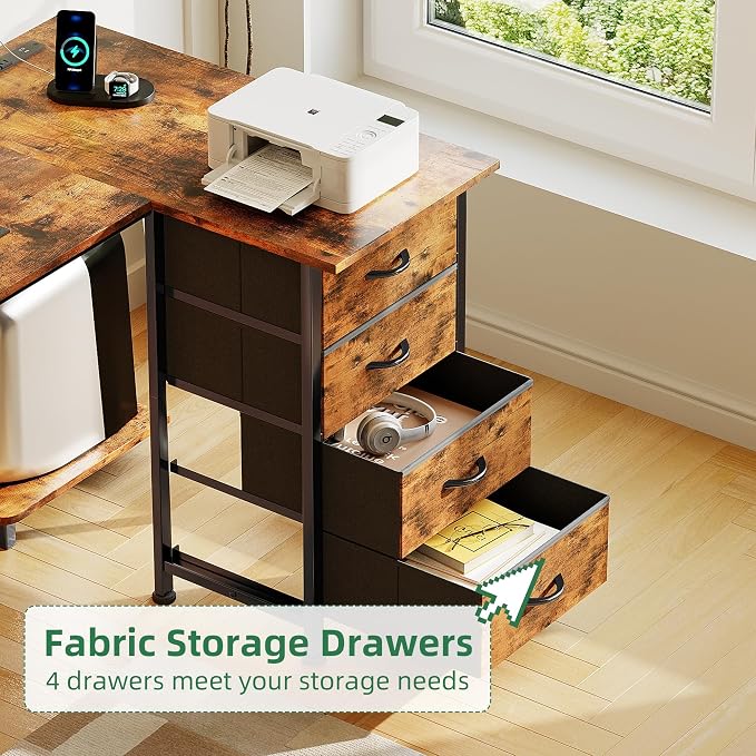 VERMESS 63" Reversible L Shaped Gaming Computer Desk, Corner Desk with Power Outlets & Monitor Stand, Writing Study Table with 4 Storage Drawers, Desk with LED Lights, Rustic Brown