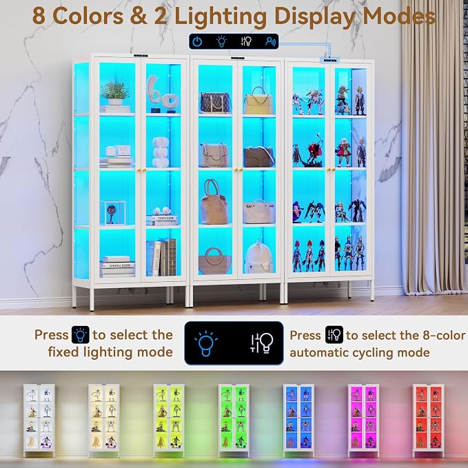 Polup 66" White Glass Display Cabinet with 8-Color LED for Collectibles | Metal Frame & Tempered Glass Doors, Motion Sensor LED, 3 Adjustable Shelves, 4-Tier Space, for Indoor Plants & Figures