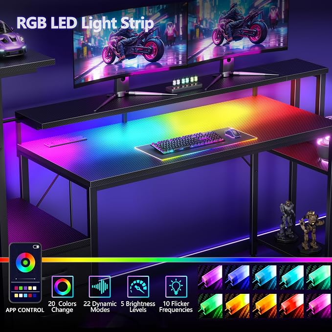 Korfile 55 Inch Gaming Desk with Bluetooth LED Lights & Power Outlets,Computer Desk with Fabric Drawers & Hooks,Reversible Gamer Table with Monitor Stand for Game Room,Home Office,Carbon Fiber Black | Reversible，Computer Desk, Gamer Table, Bluetooth LE...