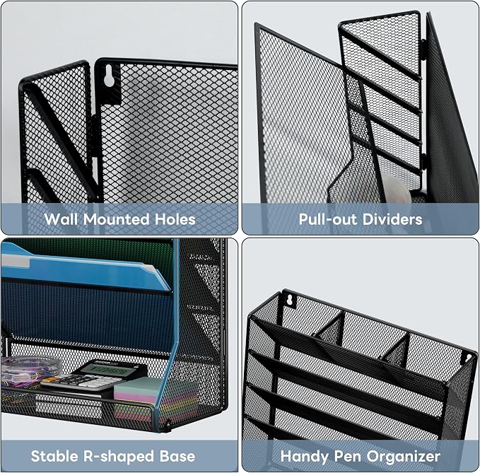 Jakyitvi Wall Mounted File Organizer, Metal Frame Mesh Desktop Sorter | 5-tier hanging style, 4 pull-out dividers, mail sorter, sturdy office supplies, stable R-shaped base, hardware included