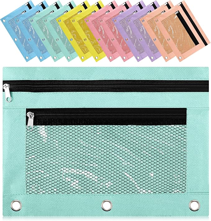 Kosiz 12 Pcs Pencil Pouch, 3 Ring Binder Pencil Pouch, 2 Layer Zipper Pencil Case with Mesh Window, Wear Resistant Oxford Fabric, Multicolored for Student Teacher (Macaron Color)