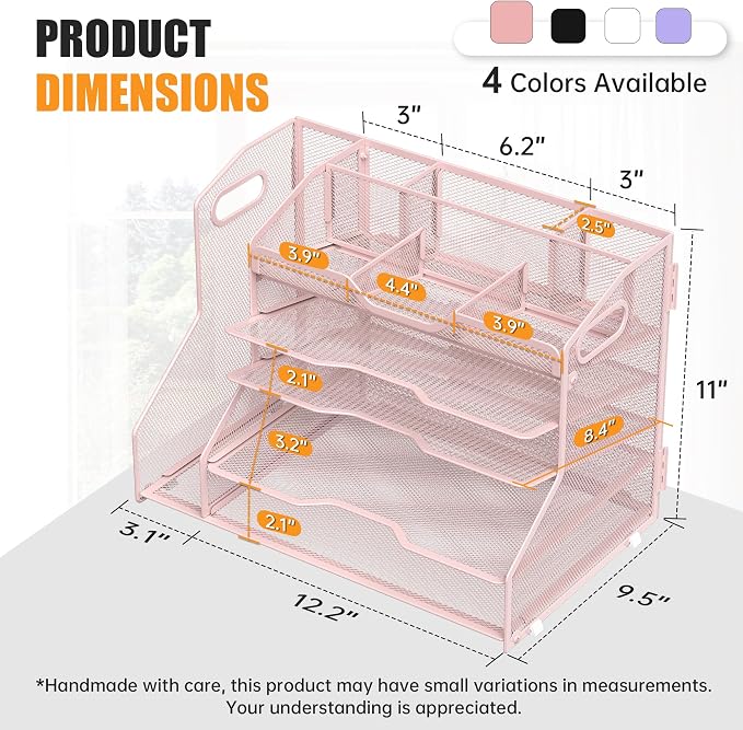 YINGHUA 5-Tier Mesh Desk Organizer and File Holder, Letter Tray - Pink | Sturdy steel mesh with 3 sliding trays, 2 handles, 6 adjustable top sections. U-shaped design for easy access to office files