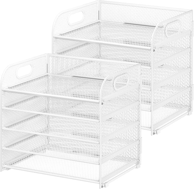 Cawukege 2 Pack 5 Tier Paper Organizer, Letter Tray with Handle, Mesh Desk Organizer, Metal File Organizer, Office Desk Accessories for Home, Office, Classroom, School (White, 2)