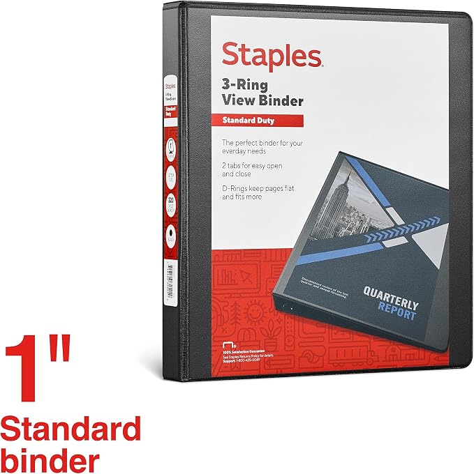 Staples 1" 3-Ring View Binder, D-Ring, Black, 4/Pack