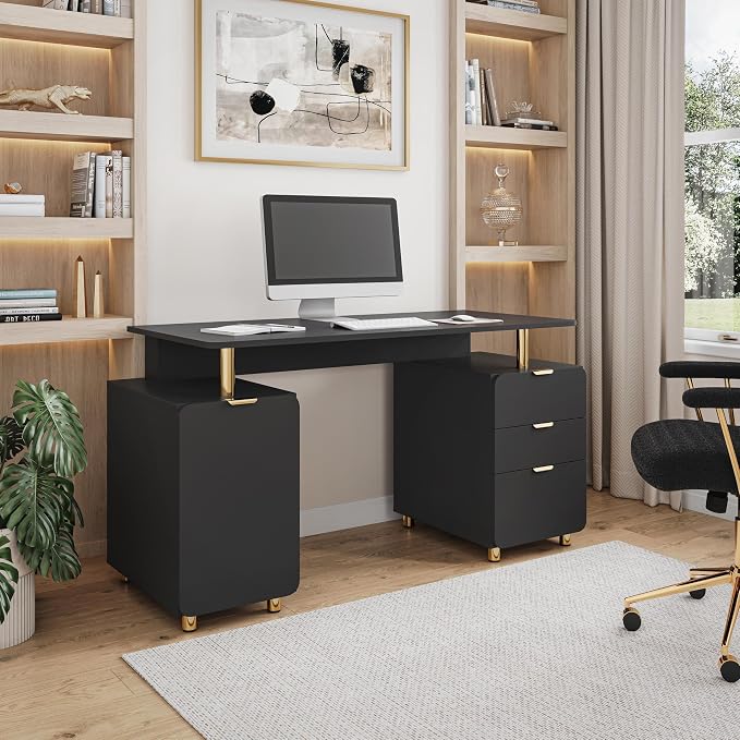 Techni Mobili 57"W Computer Desk w/ 3 Drawers & Storage Cabinet, Black/Gold | Home office workstation, durable construction, everyday productivity, Ideal for home office, Workspace organization