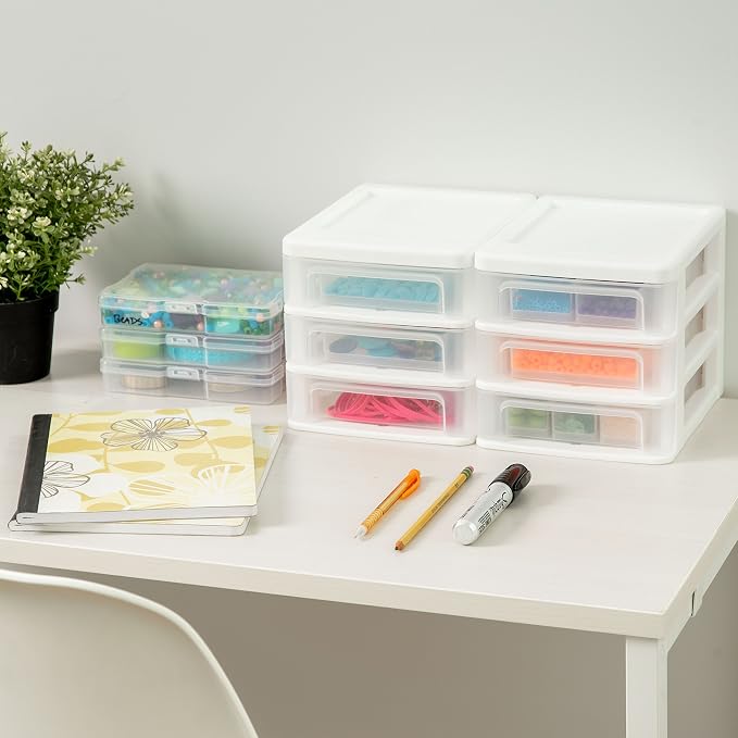 IRIS USA 2-Pack, 3-Drawer Small Plastic Stacking Desktop Organizer, White | Organize office supplies, stationery, makeup, craft materials and everyday essentials for neat desktop storage