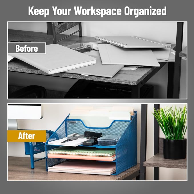 Mind Reader Metal Mesh Desktop File Organizer, 3-Tier Paper Tray with 5 Compartments, Office Mail Sorter, Turquoise