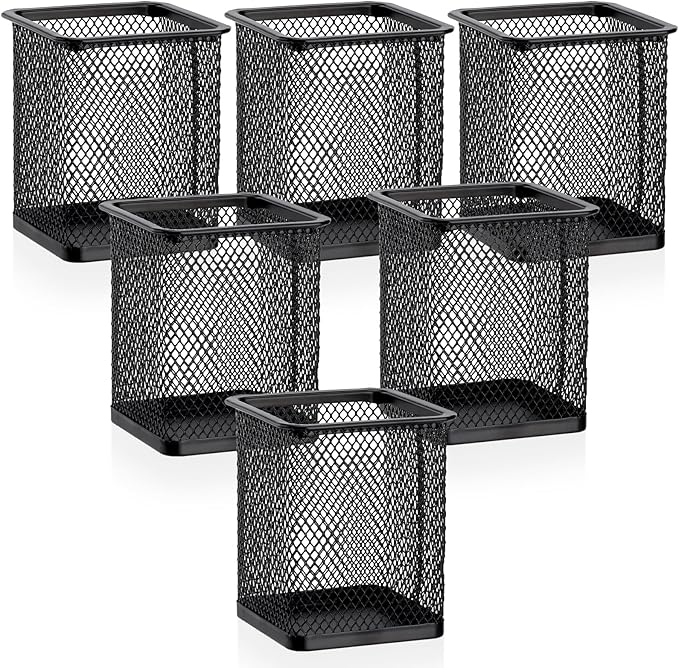 Segarty Pen Cup Holder, 6 Pack Square Black Pen Holder for Desk, Metal Mesh Pencil Cups Bulk for Office Supplies, School Classroom, Desktop Accessories, Makeup Brush