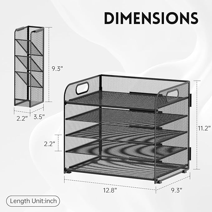 5-Tier Paper Organizer for Desk with Pen Holders, Letter Trays, Black | Metal Mesh Desktop File Organizer with Removable Trays and 2 Handles for Paper, Files, Mail, Folders in Office Home or School