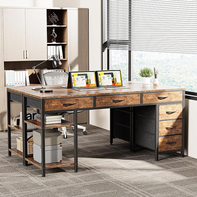 Huuger Computer Desk with 6 Drawers, Office Desk with Shelves, Reversible Gaming Desk, Corner Desk with Storage, Work for Home Office, Study, Living Room, 54inch, Rustic Brown