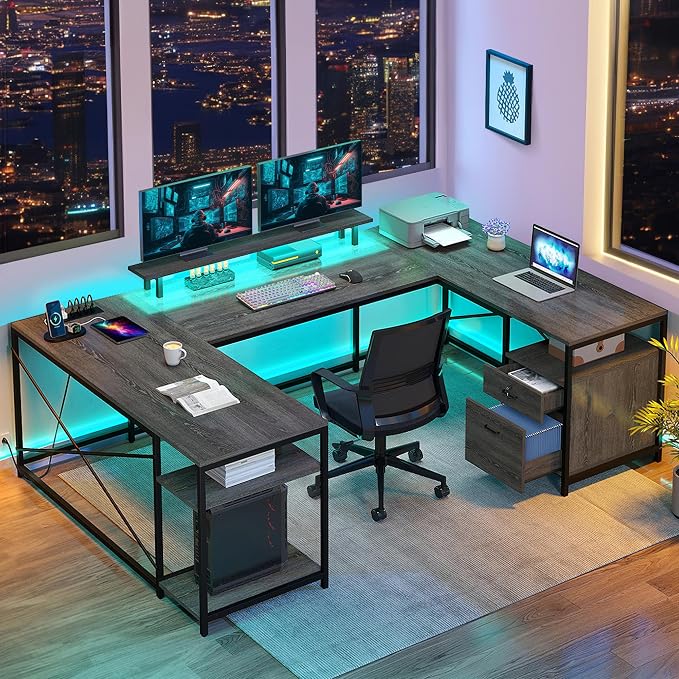 DWVO U Shaped Desk with Drawers | 79" Reversible L Shaped Desk with Power Outlets & LED Lights, Corner Computer Desk with Monitor Stand & Storage Shelves, Grey