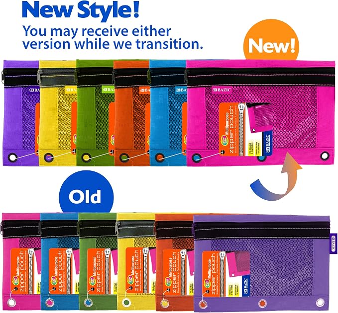 BAZIC PRODUCTS Bright Color 3-Ring Pencil Pouch with Mesh Window, 6-Set | clear mesh window and a zipper closure for pens, pencils, supplies
