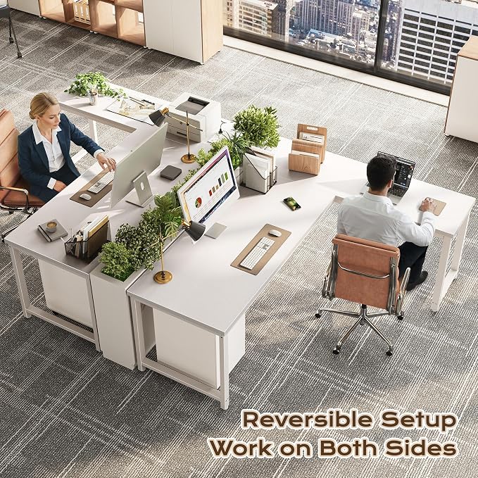 Huuger 63 Inch L Shaped Desk with Power Outlets & 0.95 Inch Thicker Desktop | Reversible Computer Desk, Larger Office Corner Gaming Desk, Metal Frame, for Home Office, Study, White