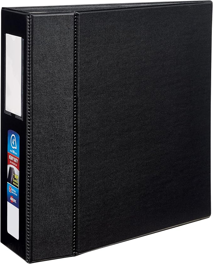 Avery Heavy-Duty 3 Ring Binder with Label Holder, 4 Inch One Touch EZD Rings, 4.5 Inch Spine, 1 Black Binder (79994) | For Heavy School, Home and Office Use, Reinforced Construction, DuraHinge Tear-Resistant Spine, Interior Storage Pockets