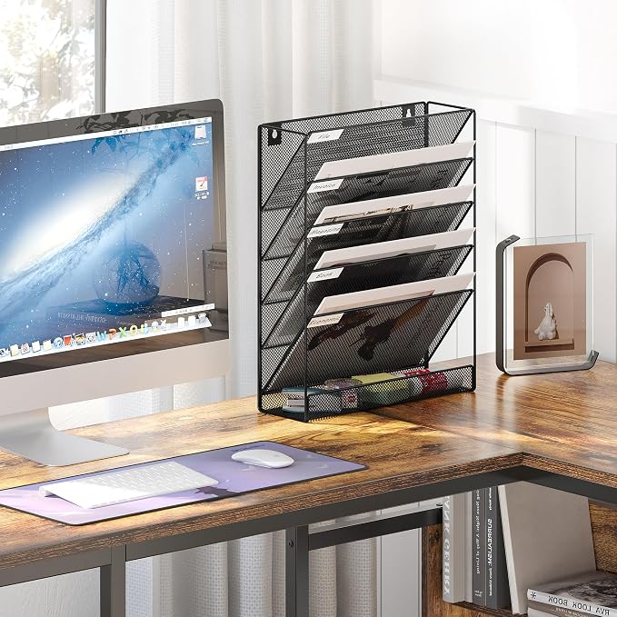 EasyPAG 5 Tier Wall File Holder, Mesh Hanging Folder Organizer with Classify Label, Versatile Desk File Holder, Vertical Wall Mounted Mail Organizer for Office Home Cubicle, Black