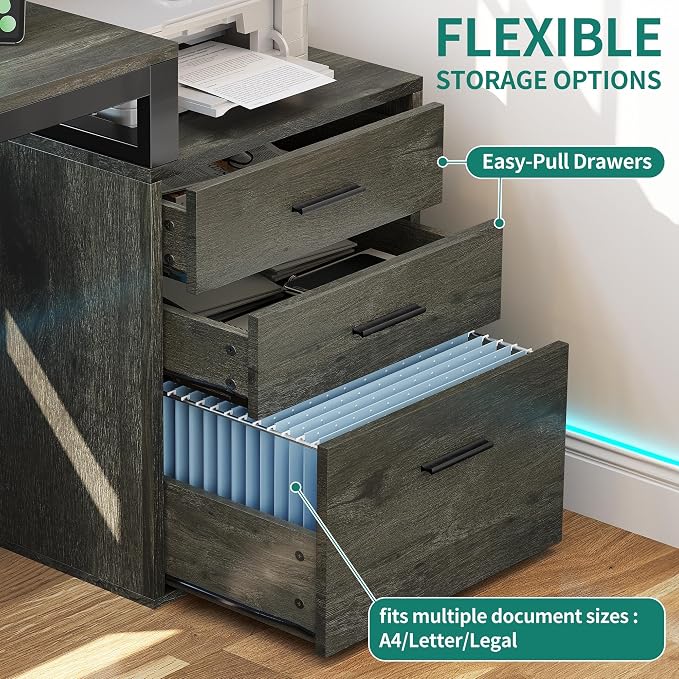 YITAHOME L Shaped Desk with 3 Drawers | 3 Drawers, Power Outlets & LED Lights, File Cabinet & Printer Stand, For Home Office