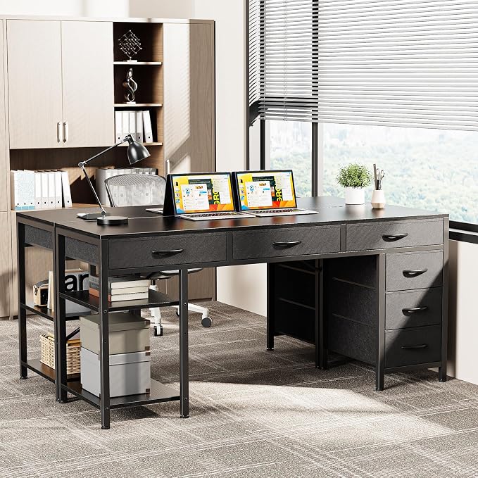Huuger Computer Desk with 6 Drawers, Office Desk with Shelves, Reversible Gaming Desk, Corner Desk with Storage, Work for Home Office, Study, Living Room, 54inch, Black
