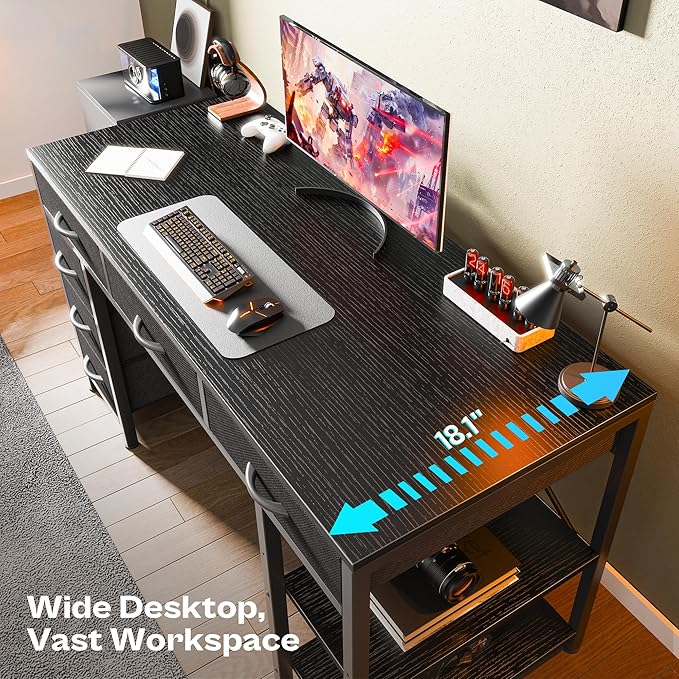 Huuger Computer Desk with 6 Drawers, Office Desk with Shelves, Reversible Gaming Desk, Corner Desk with Storage, Work for Home Office, Study, Living Room, 47inch, Black