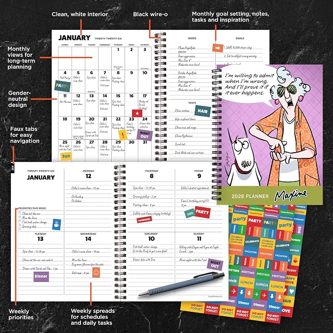 TF Publishing 2026 Maxine Medium Weekly Monthly Planner with 12-Month Calendar Grid, Goals and Task Trackers - Weekly Schedule Planner w/Priority List Section and Stickers - 6.5in x 8in
