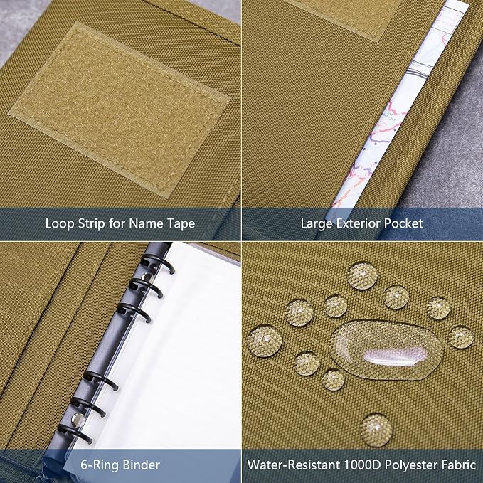 Kosibate Tactical Notebook Padfolio Ring Binders with 45 Sheets,Army Military Notebook Portfolio Binder with Zipper for Tactical Gear and Organizer, Refillable 6-Ring Binder(Khaki,5.5'' x 8.5'')