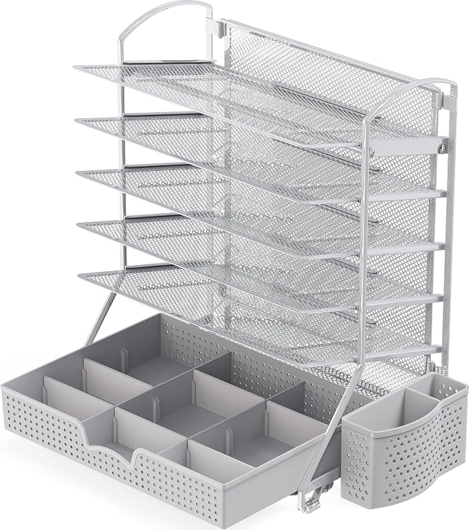 Simple Houseware 6-Tier Desk File Organizer w/Drawer & Pen Holder, Silver | 5 Tilted Letter Trays for A4 Paper, Mail and Documents