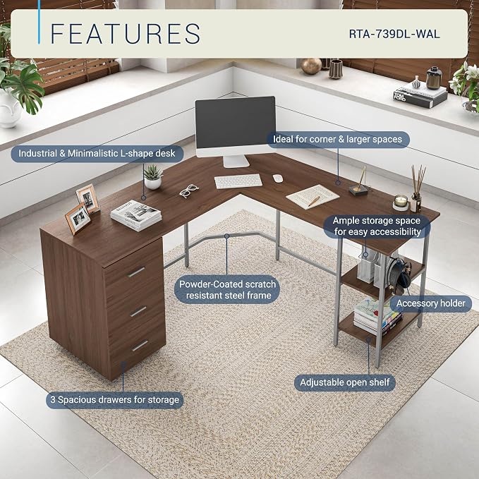 Techni Mobili L Shaped Desk - Two-Toned Computer Desks for Home Office with Storage Shelves & Cabinet - Simple Modern Furniture & Office Space Corner Table for Work & Writing - Grey & Walnut | 59" two‑tone L‑shaped desk with storage shelves, durable fr...