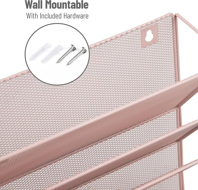 Mind Reader 5-Tier Vertical File Storage, Desktop Organizer, Wall Mount, Office, Metal Mesh, 12.75" L x 4" W x 16" H, Pink (Pack of 4)