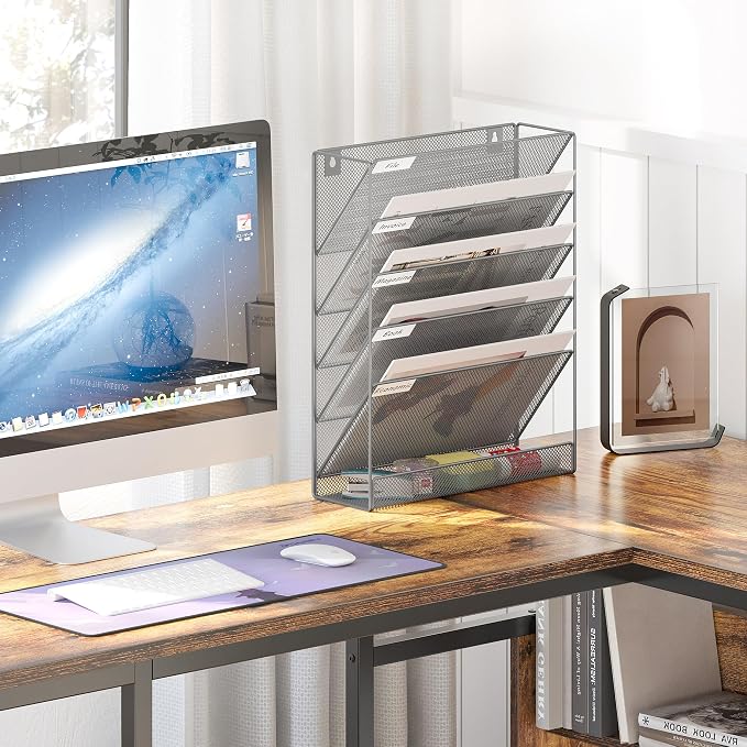 EasyPAG 5 Tier Wall File Holder, Mesh Hanging Folder Organizer with Classify Label, Versatile Desk File Holder, Vertical Wall Mounted Mail Organizer for Office Home Cubicle, Silver