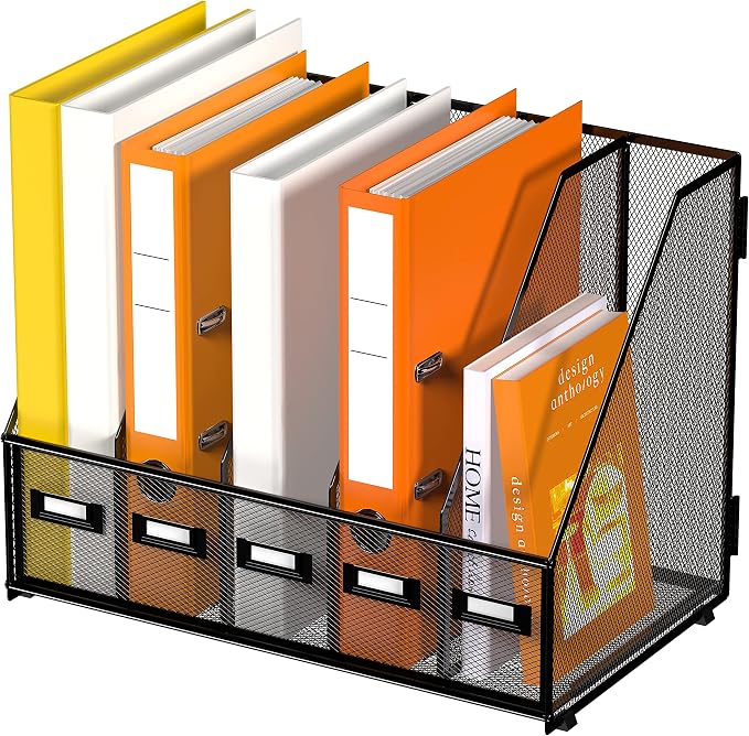 DALTACK 5-Slot Magazine File Holder, Metal Binder Holder, Black | Iron Mesh Construction, Labeled Sections for Easy Sorting, Anti-Slip Feet, Binder and Folder Storage for Office, Classroom