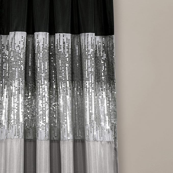 Lush Decor Night Sky Window Curtain Panel, Single, 42" W x 108" L, Black & Gray - Sequin Curtains - Sparkle & Color Block Design - Modern Glam Decor - Extra Long Curtains For Bedroom & Living Room