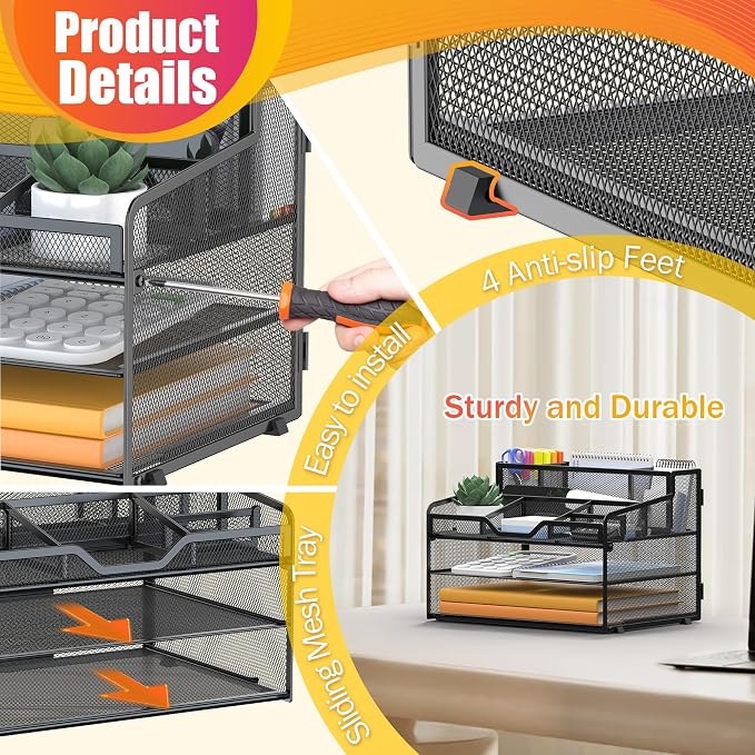 Docnest 3 Tier Mesh Desk Organizer with Letter Tray & Paper Sorter, Black | Features 3 built-in pen holders & 5 adjustable compartments on top. Includes 4 non-slip rubber feet for desk protection