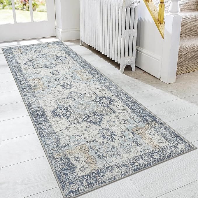 GENIMO Runner Rug 2x7, Machine Washable, Non Slip Vintage Hallway Runner Rug, Low Pile Lightweight Rugs for Entryway, Hallway, Corridor and Kitchen, Blue