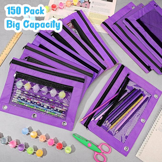 Zhehao 20 Pcs Pencil Pouch 10.24 x 7.28 Inch 3 Ring Binder Zipper Pouches Pencil Bags with Mesh Window Binder Pencil Case for Office School Students Supplies (Purple)