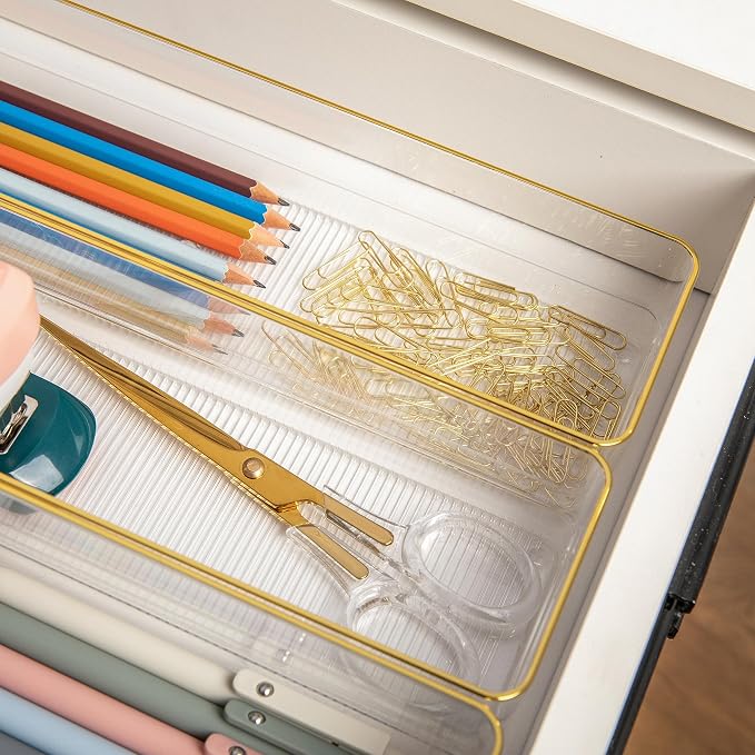 Martha Stewart Kerry Stackable Desk Drawer Organizers, Clear/Gold, 8-Pack | 9x3 in Organizers, Gold Trim, Stackable