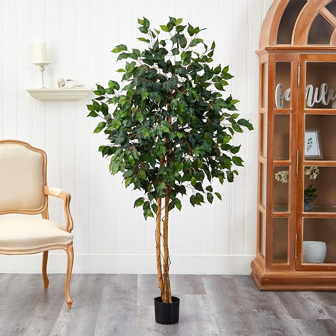 Nearly Natural 5ft Artificial Ficus Tree, Triple Trunk Faux Greenery with Natural Wood Trunks for Indoor Home Decor, with Black Nursery Pot