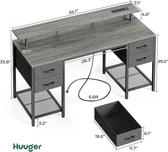 Huuger 55 inch Computer Desk with Power Outlets & 4 Drawers | Gaming Desk with LED Lights, Home Office Desk with Large Storage Space for Bedroom, Work from Home, Grey