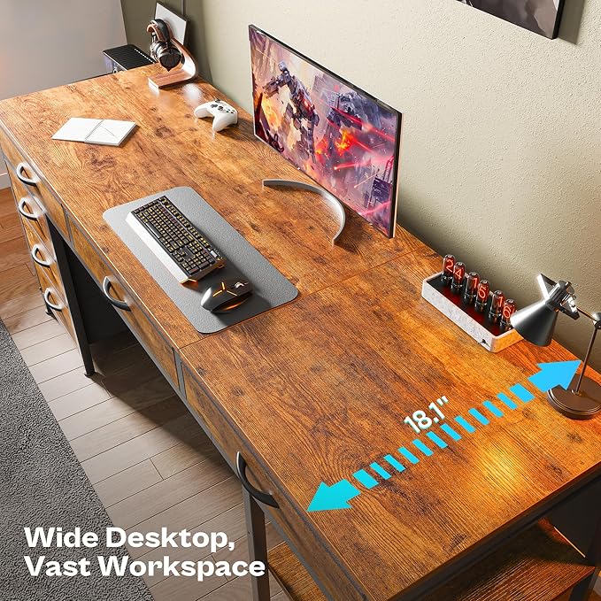 Huuger Computer Desk with 6 Drawers, Office Desk with Shelves, Reversible Gaming Desk, Large Corner Desk with Storage, Work for Home Office, Study, Living Room, 63inch, Rustic Brown