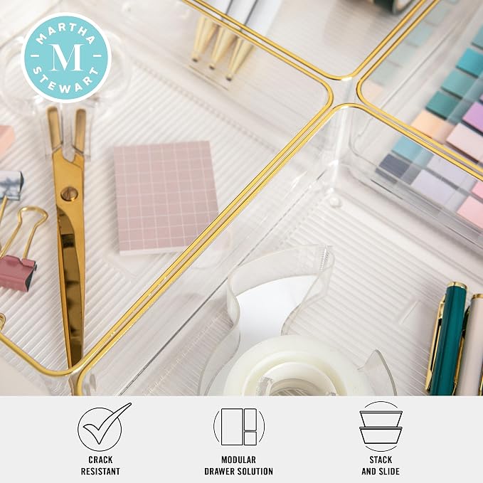 Martha Stewart Kerry Stackable Desk Drawer Organizers, Clear/Gold, 4-Pack | 6x6 in Organizers, Gold Trim, Stackable