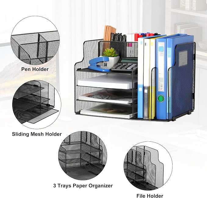 4-Tier Desk Organizer and Accessories with 2 File Holder Storage, Metal File Organizer for Desk with 2 Pen Holder, Office Organization for Paper, Document, Stationery Storage, Black