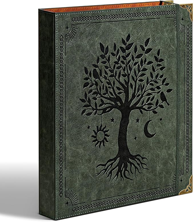 Ovesmusl PU Leather D Ring Binder, 1.5 Inch Green Tree | Fits 8.5x11 letter paper, holds 400 sheets, inner pockets, loose leaf organizer